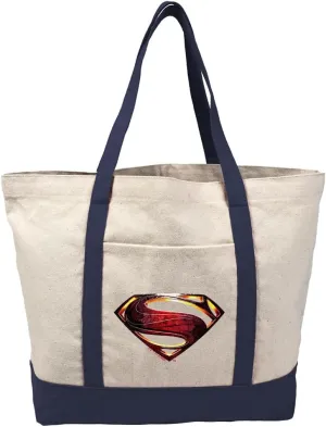 Justice League Movie Superman Logo Canvas Tote Bag With External Pocket, Reusable Shoulder Bag for Shopping, Beach, Navy