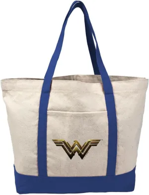 Justice League Movie Wonder Woman Logo Canvas Tote Bag With External Pocket, Reusable Shoulder Bag for Shopping, Beach, Royal