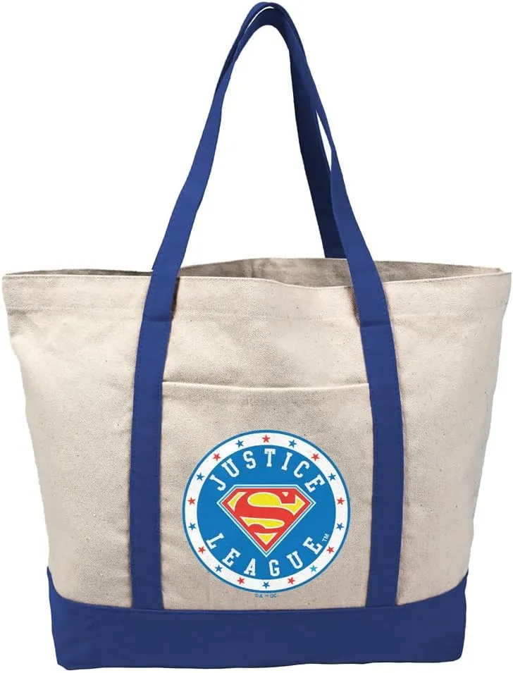 Justice League Superman Athletic Logo Canvas Tote Bag With External Pocket, Reusable Shoulder Bag for Shopping, Beach, Royal