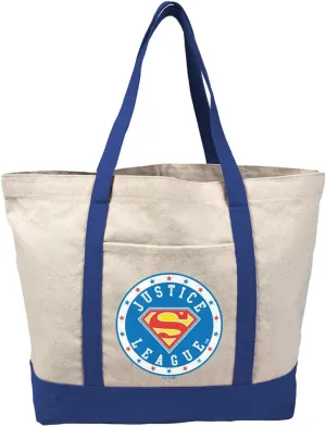 Justice League Superman Athletic Logo Canvas Tote Bag With External Pocket, Reusable Shoulder Bag for Shopping, Beach, Royal