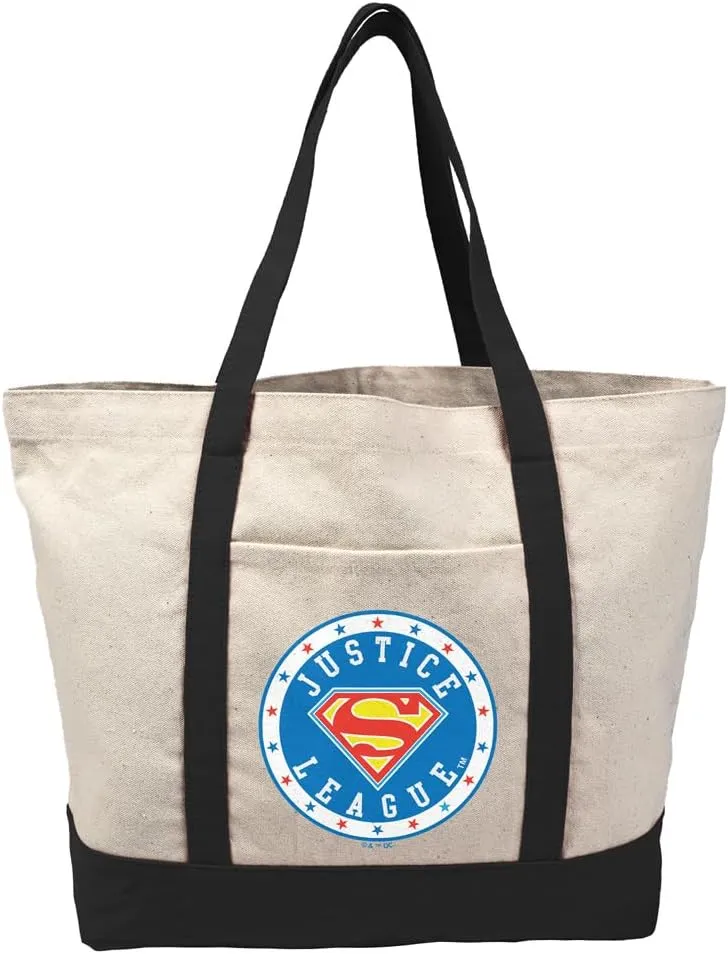 Justice League Superman Athletic Logo Tote Bag External Pocket, Reusable Shoulder Bag for Shopping, Beach, Royal Collection