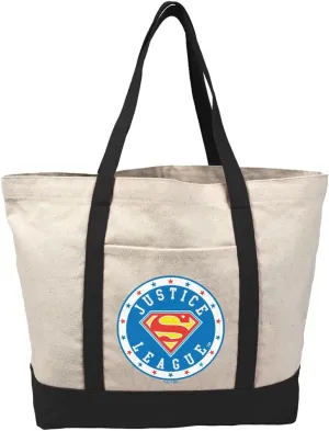 Justice League Superman Athletic Logo Tote Bag External Pocket, Reusable Shoulder Bag for Shopping, Beach, Royal Collection