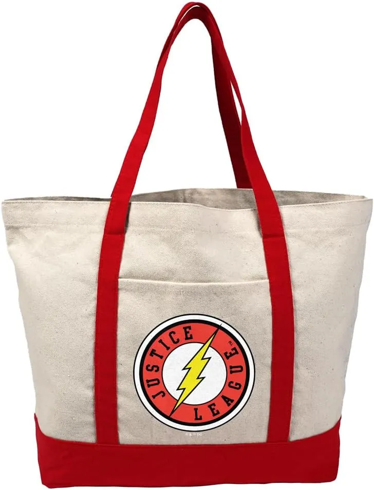 Justice League The Flash Athletic Logo Canvas Tote Bag With External Pocket, Reusable Shoulder Bag for Shopping, Beach, Red