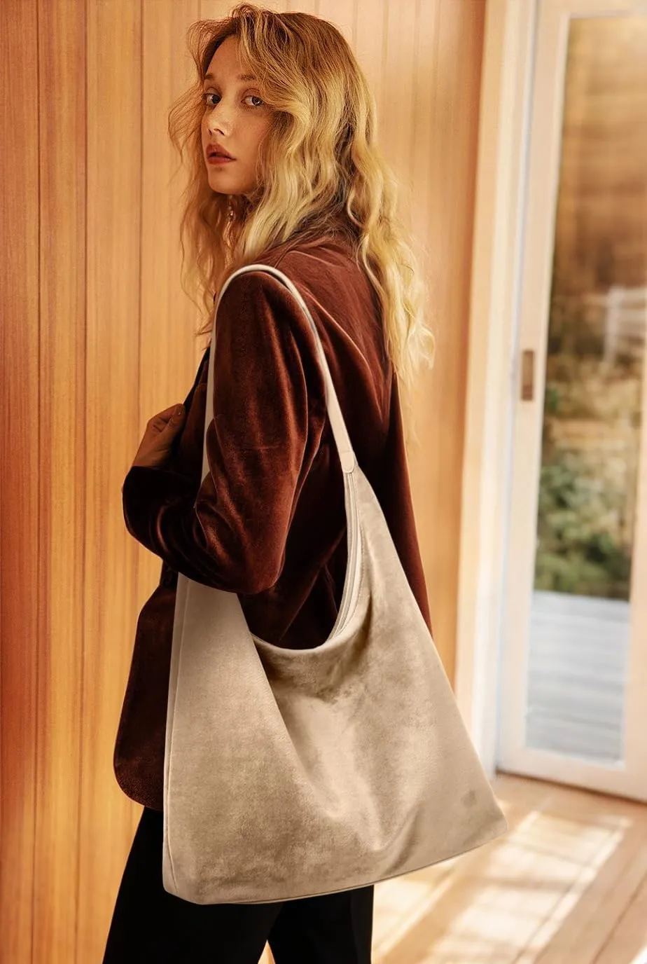 KALIDI Vintage 15L Hobo Bag Faux Suede Tote Zipper Work Bag Vegan Leather Shoulder Strap for Women Travel Purse