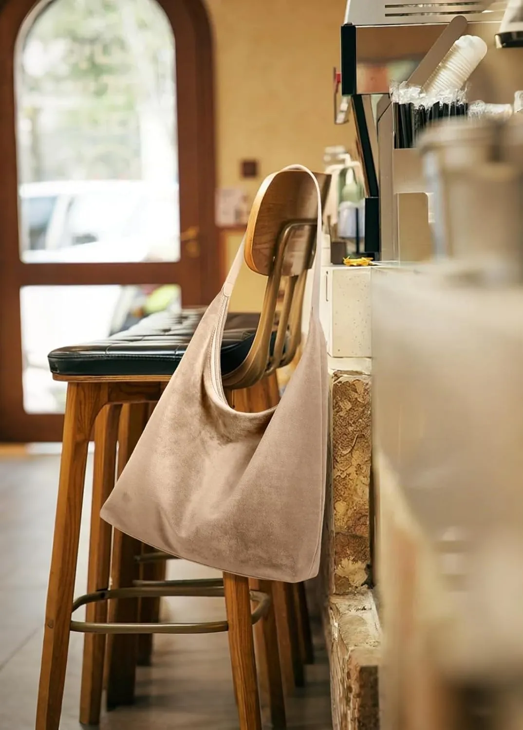 KALIDI Vintage 15L Hobo Bag Faux Suede Tote Zipper Work Bag Vegan Leather Shoulder Strap for Women Travel Purse