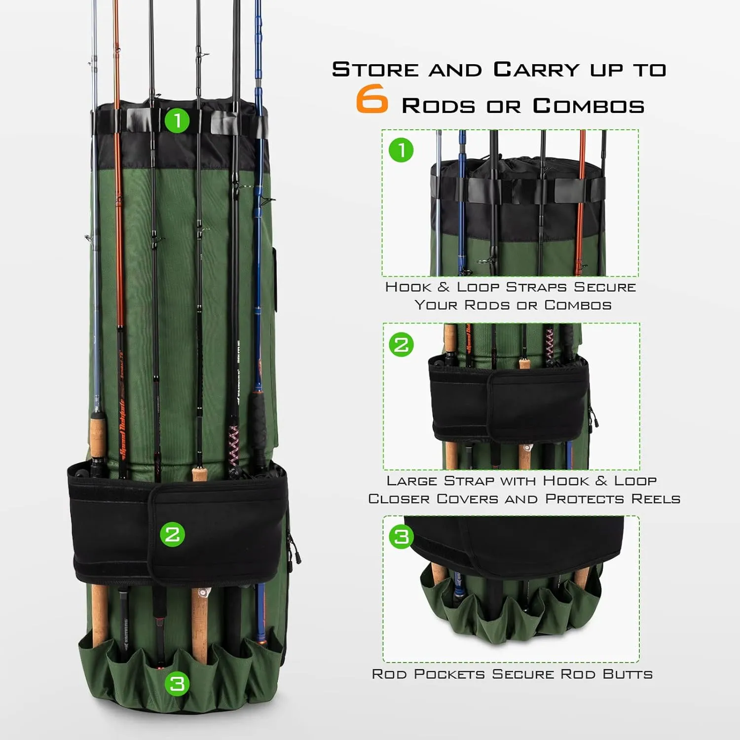 KastKing Large 81L Storage Fishing Bag Holds 6 Rods & Reels, Foldable Water-resistant Case With Room for Gear and Equipment, Fishing Gifts for Men, Green