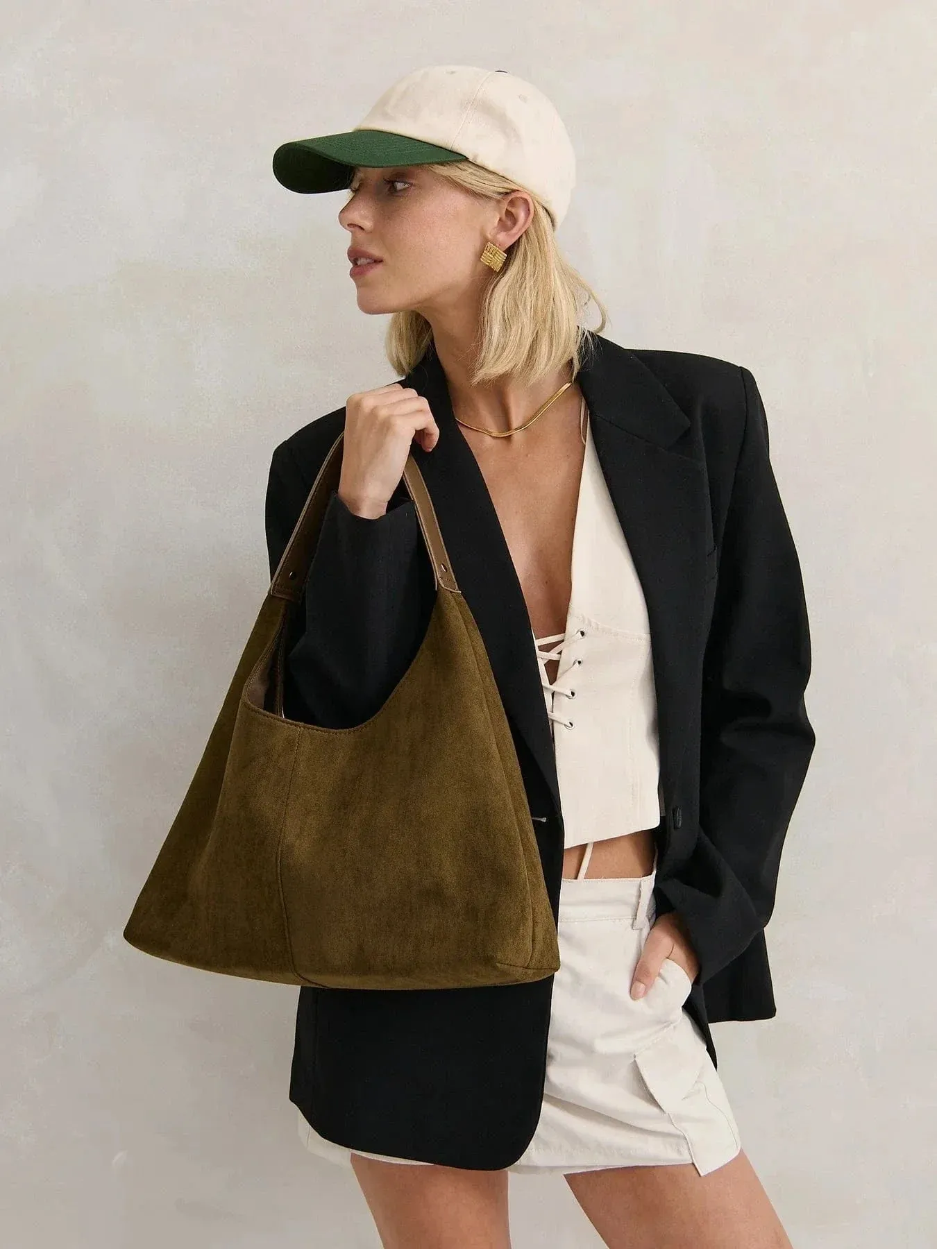 Kenny Suede Hobo Handbag - Khaki
