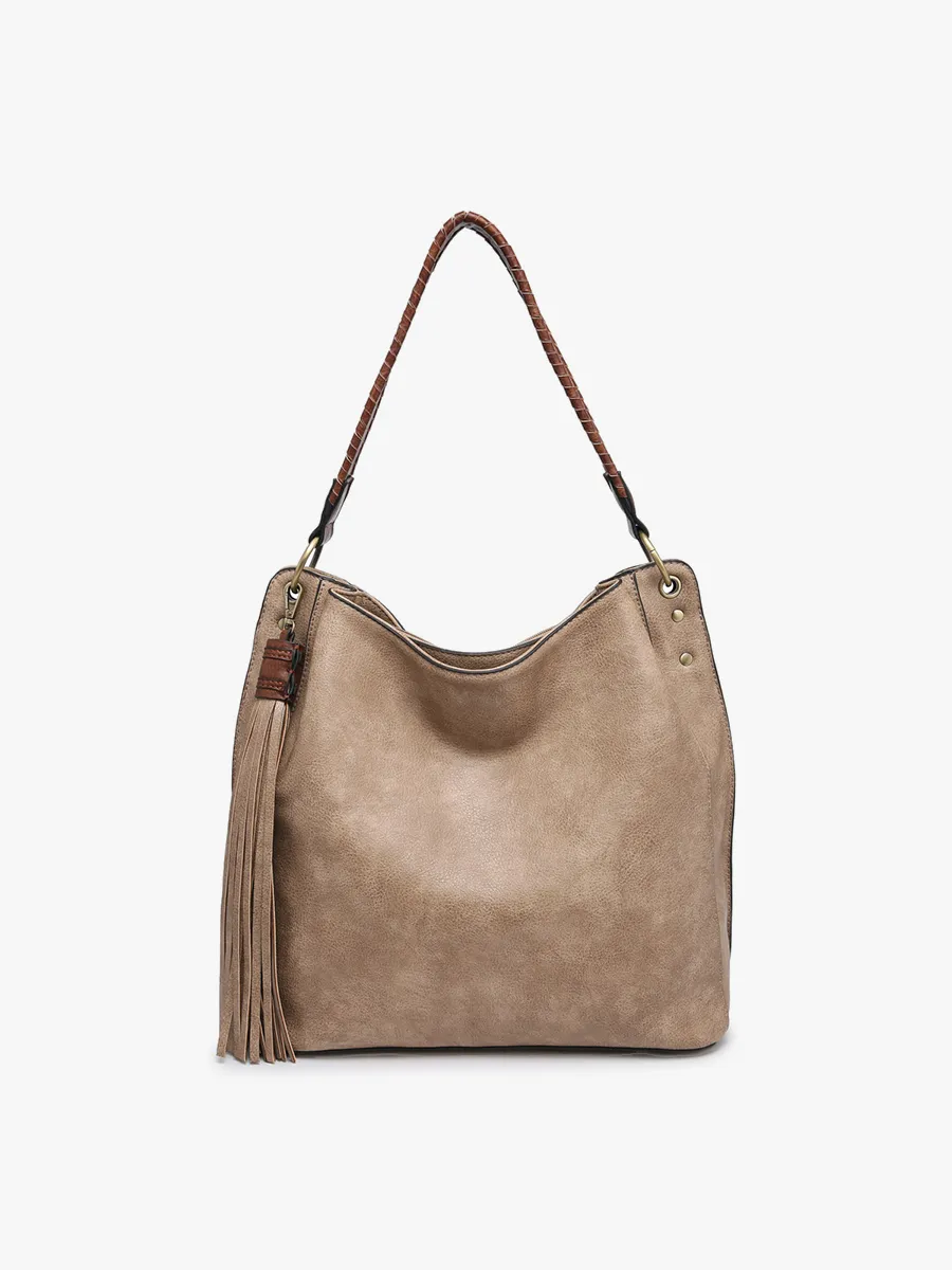 Khaki Three Compartment Tassel Hobo Bag