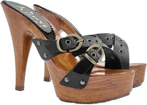 Kiara Shoes Women's Clogs with Buckle | Leather Upper - K9130 Nero