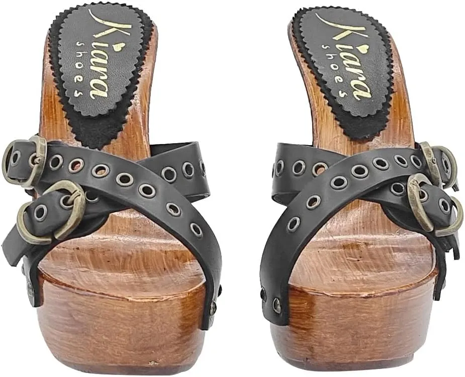 Kiara Shoes Women's Clogs with Buckle | Leather Upper - K9130 Nero