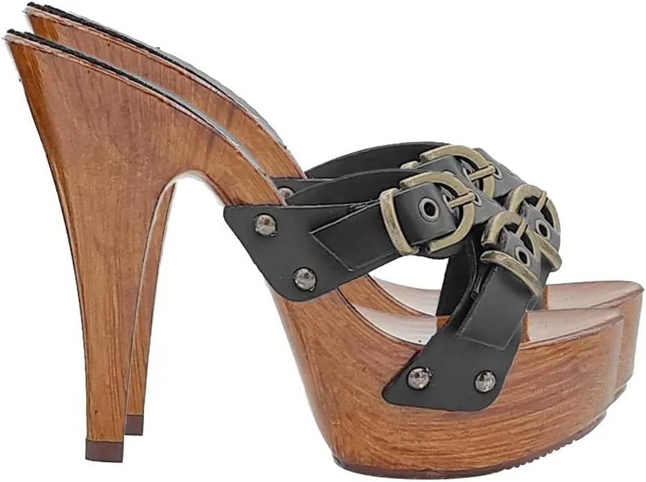 Kiara Shoes Women's Clogs with Buckle | Leather Upper - K9130 Nero