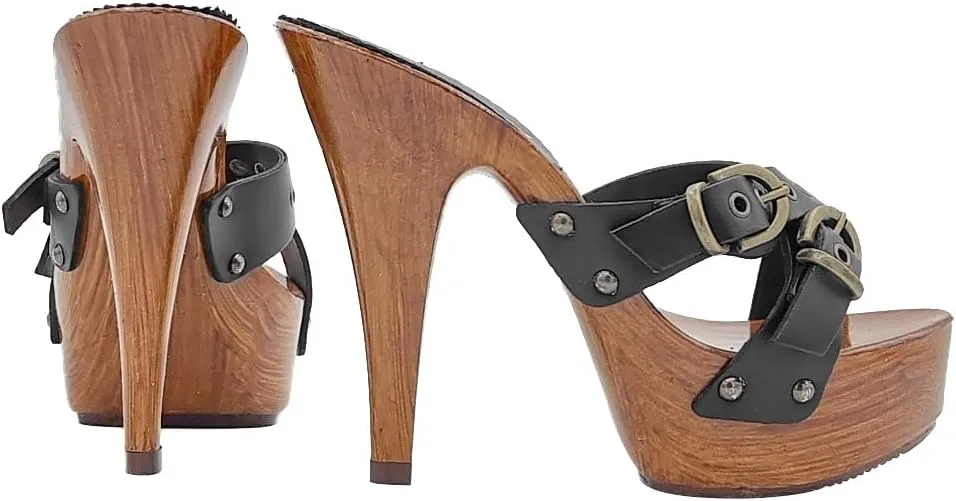 Kiara Shoes Women's Clogs with Buckle | Leather Upper - K9130 Nero