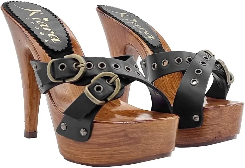 Kiara Shoes Women's Clogs with Buckle | Leather Upper - K9130 Nero