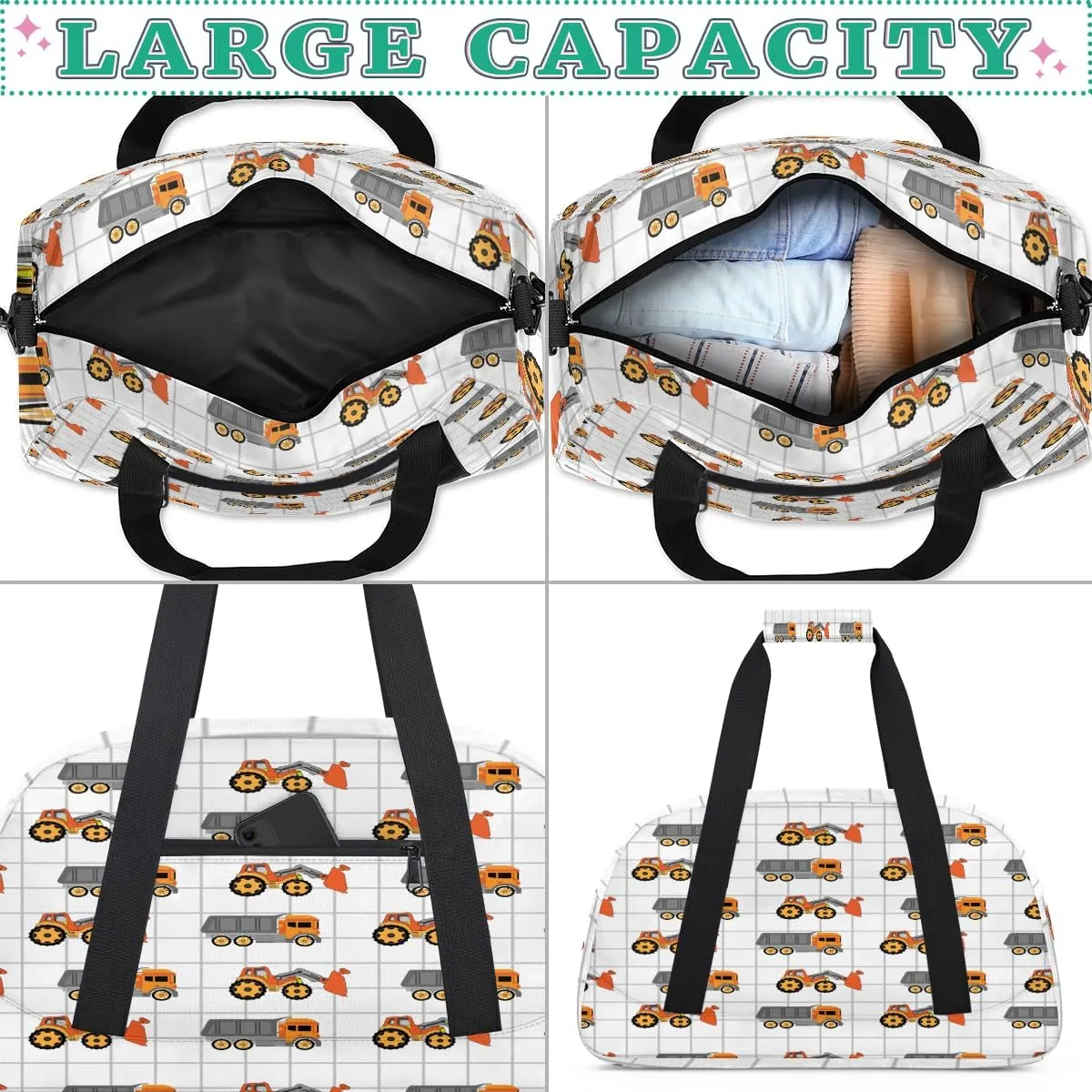 Kids Duffel Bag Truck Excavator,Sport Gym Bag for Boys Girls,Weekender Overnight Tote Bag Carry On Duffel Bag