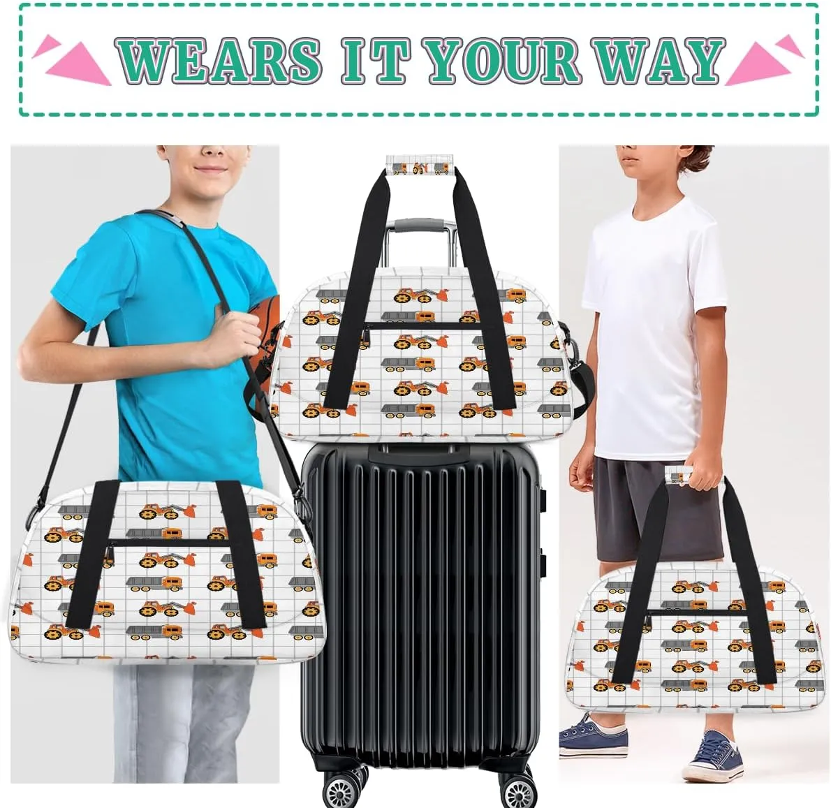 Kids Duffel Bag Truck Excavator,Sport Gym Bag for Boys Girls,Weekender Overnight Tote Bag Carry On Duffel Bag