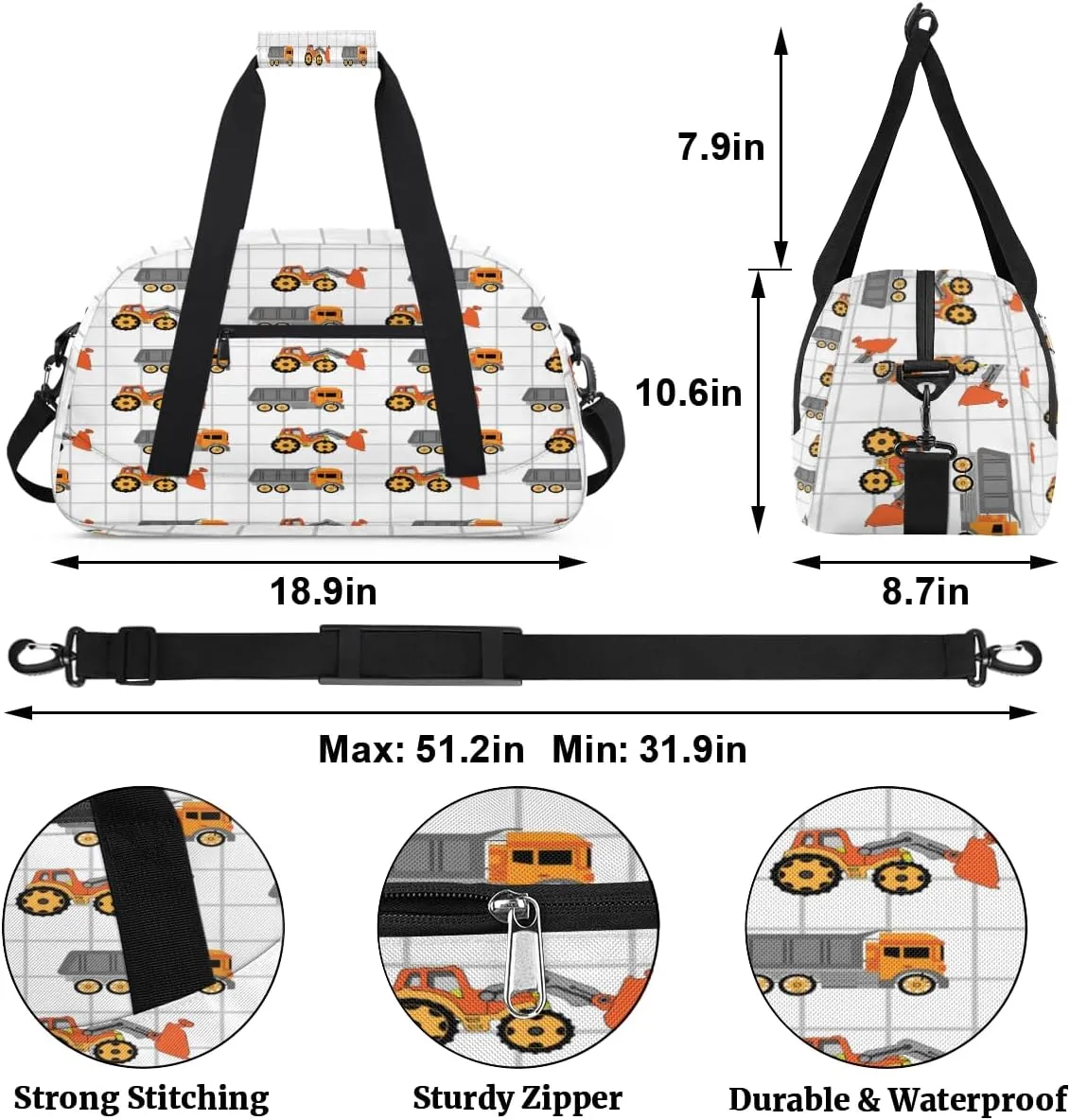 Kids Duffel Bag Truck Excavator,Sport Gym Bag for Boys Girls,Weekender Overnight Tote Bag Carry On Duffel Bag