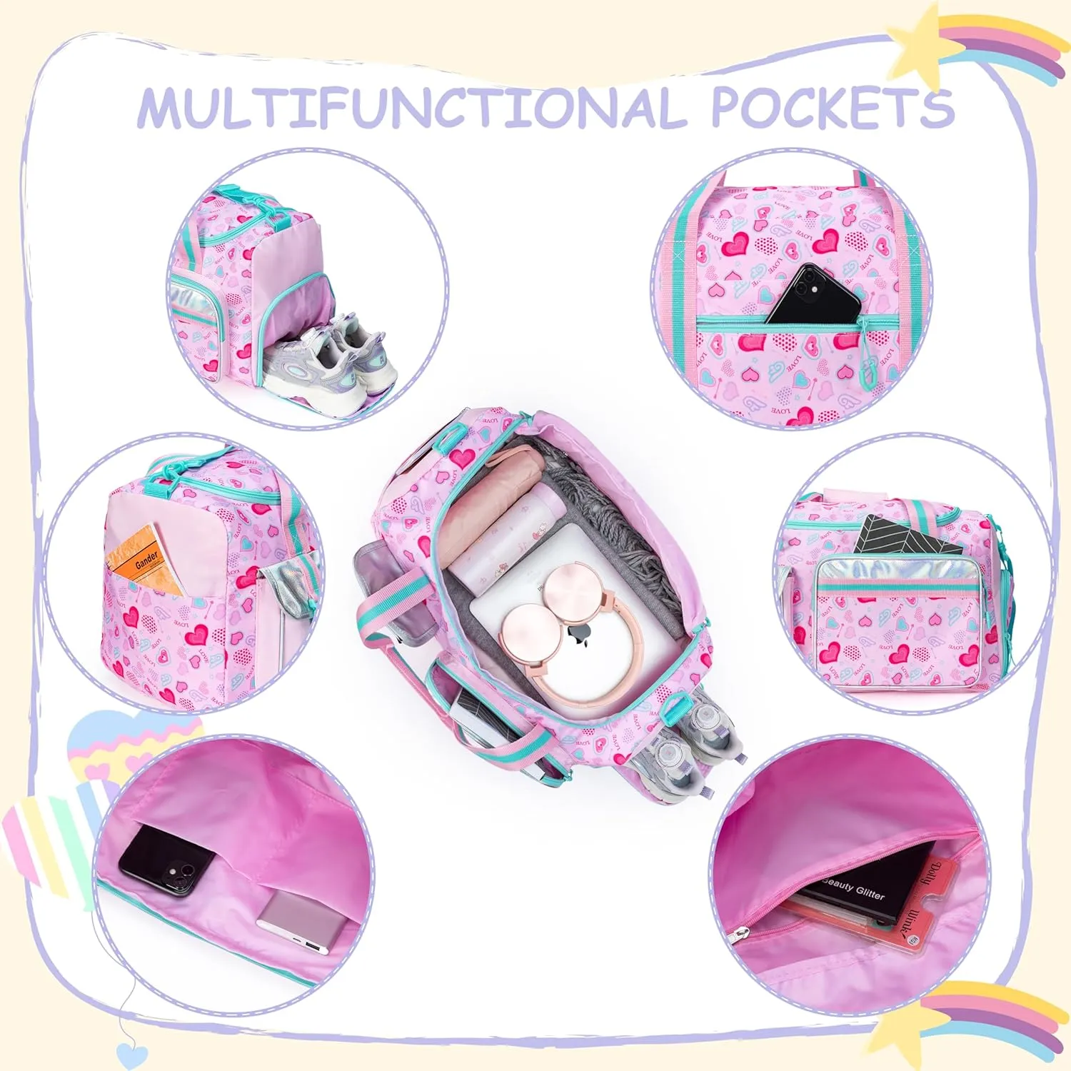 Kids Duffle Bag Girls Women Travel Bag Gifts Overnight Bag for Girls Women Tote Bag Sleepover Bag for Girls Gym Dance Bag with Shoes Compartment