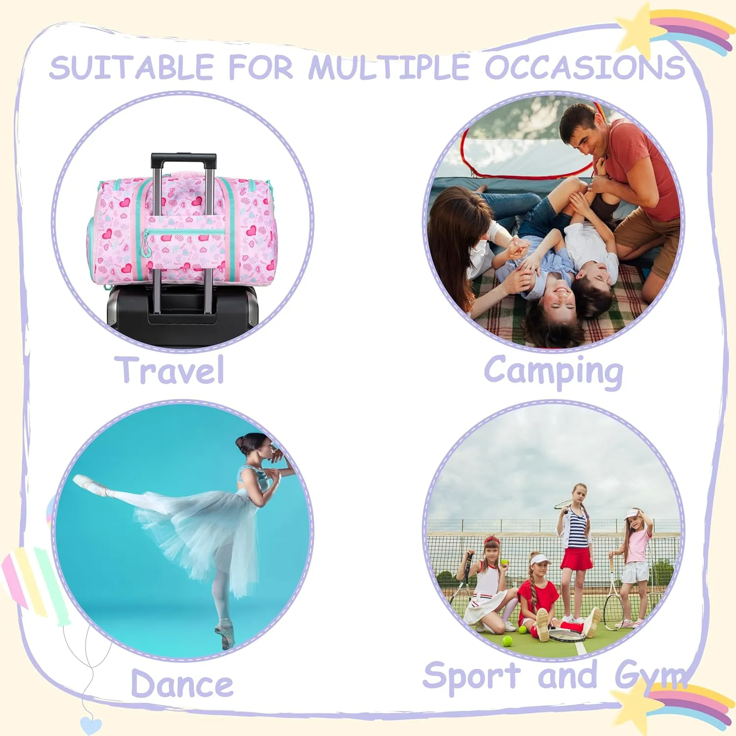 Kids Duffle Bag Girls Women Travel Bag Gifts Overnight Bag for Girls Women Tote Bag Sleepover Bag for Girls Gym Dance Bag with Shoes Compartment