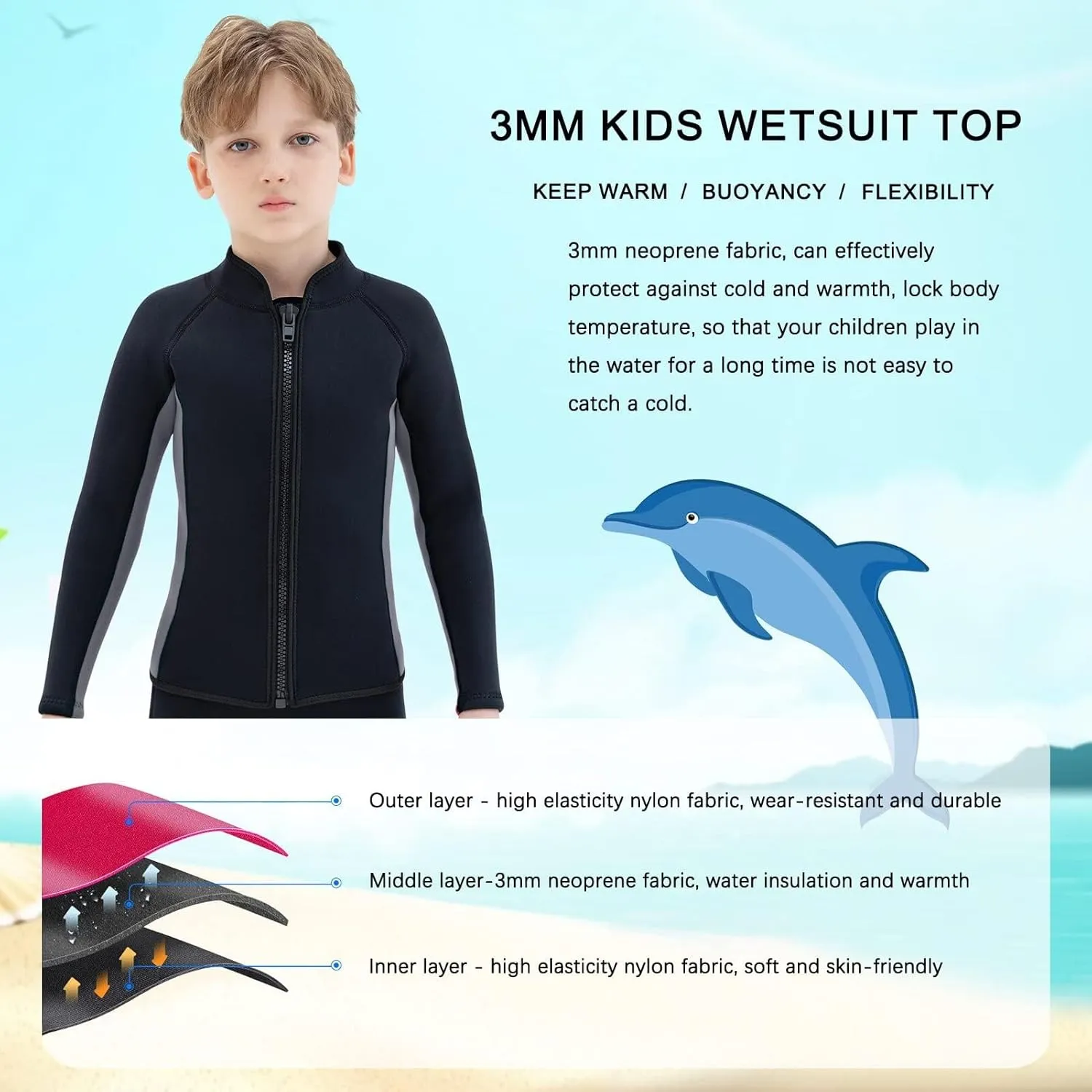 Kids Wetsuit Top Jacket for Boys Girls Toddler Youth, Children's Wet Suit Shirt Neoprene 3mm Long Sleeve Front Zipper Swimsuit for Swimming Surfing Dive Snorkeling Water Sports
