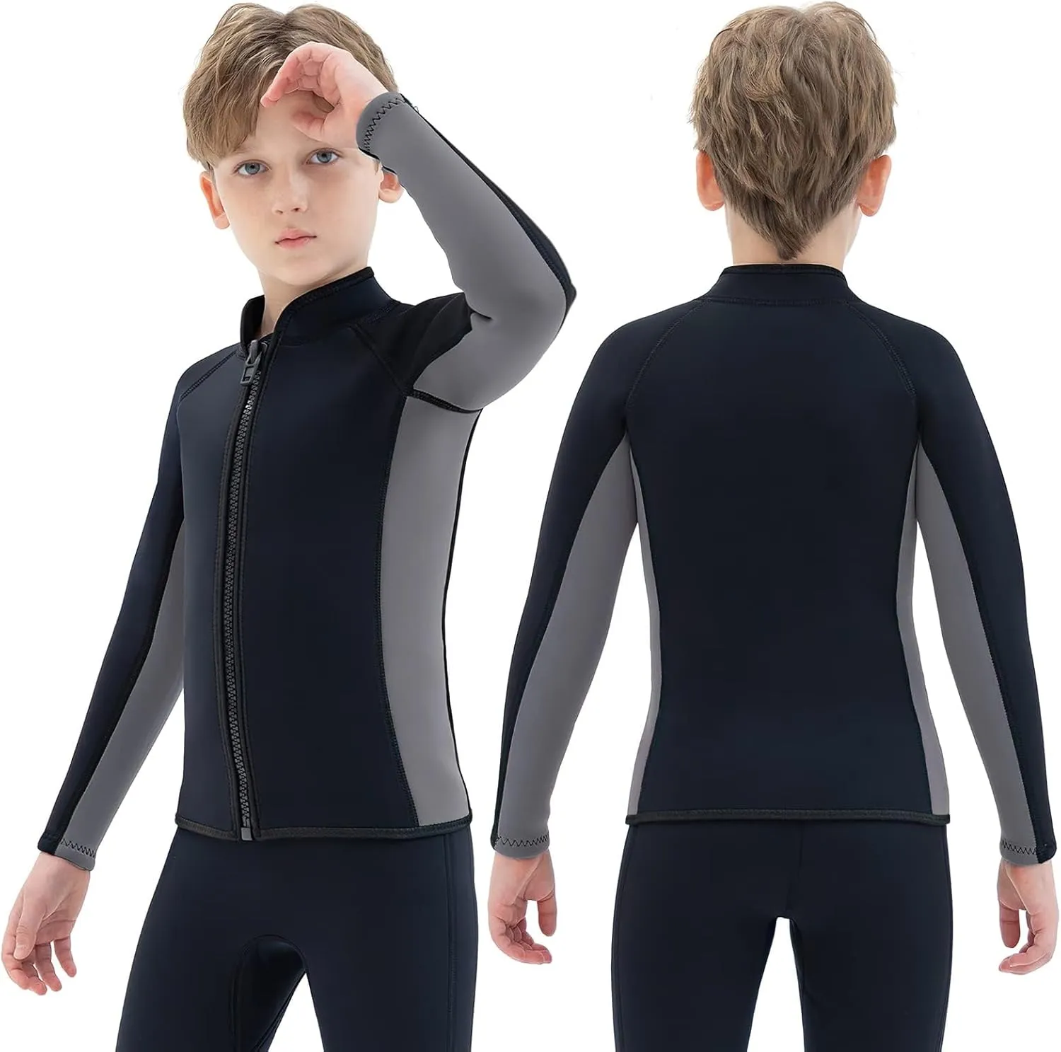Kids Wetsuit Top Jacket for Boys Girls Toddler Youth, Children's Wet Suit Shirt Neoprene 3mm Long Sleeve Front Zipper Swimsuit for Swimming Surfing Dive Snorkeling Water Sports