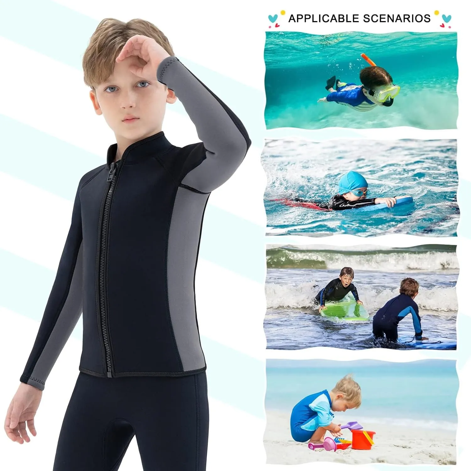 Kids Wetsuit Top Jacket for Boys Girls Toddler Youth, Children's Wet Suit Shirt Neoprene 3mm Long Sleeve Front Zipper Swimsuit for Swimming Surfing Dive Snorkeling Water Sports
