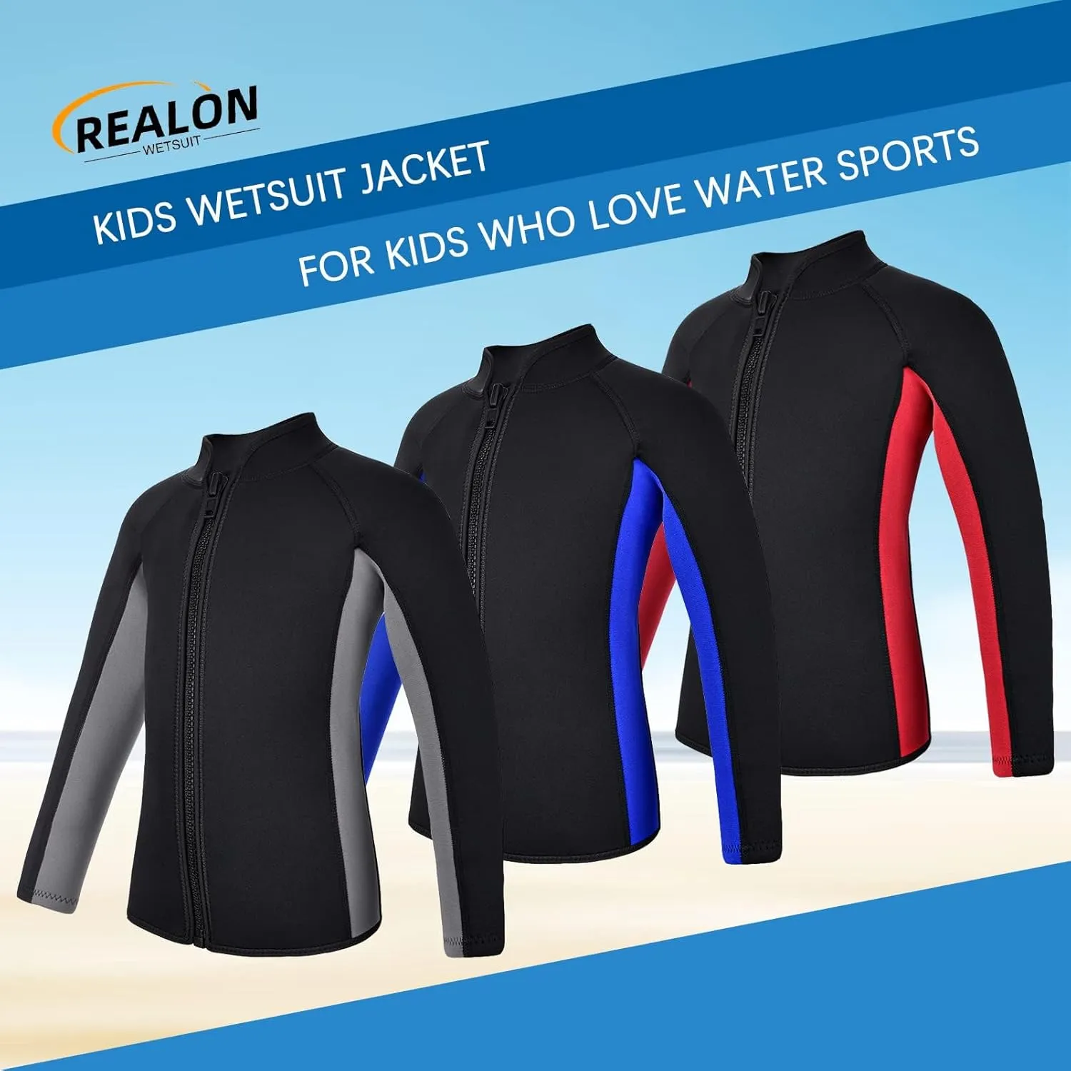 Kids Wetsuit Top Jacket for Boys Girls Toddler Youth, Children's Wet Suit Shirt Neoprene 3mm Long Sleeve Front Zipper Swimsuit for Swimming Surfing Dive Snorkeling Water Sports
