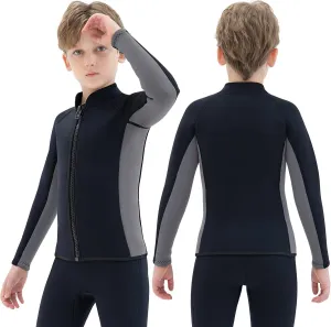 Kids Wetsuit Top Jacket for Boys Girls Toddler Youth, Children's Wet Suit Shirt Neoprene 3mm Long Sleeve Front Zipper Swimsuit for Swimming Surfing Dive Snorkeling Water Sports