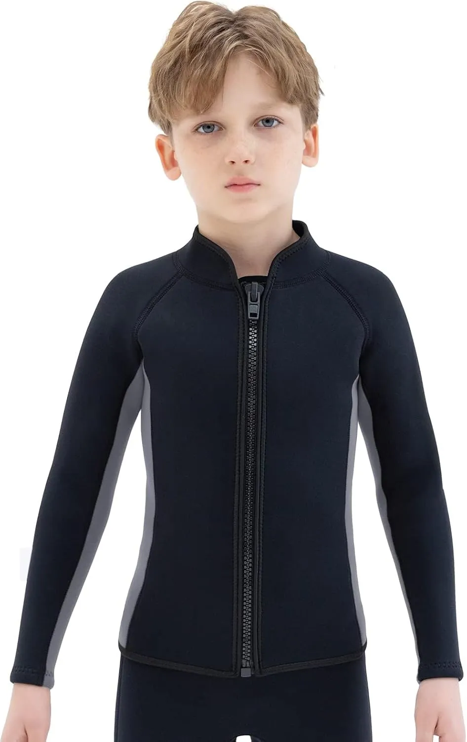 Kids Wetsuit Top Jacket for Boys Girls Toddler Youth, Children's Wet Suit Shirt Neoprene 3mm Long Sleeve Front Zipper Swimsuit for Swimming Surfing Dive Snorkeling Water Sports