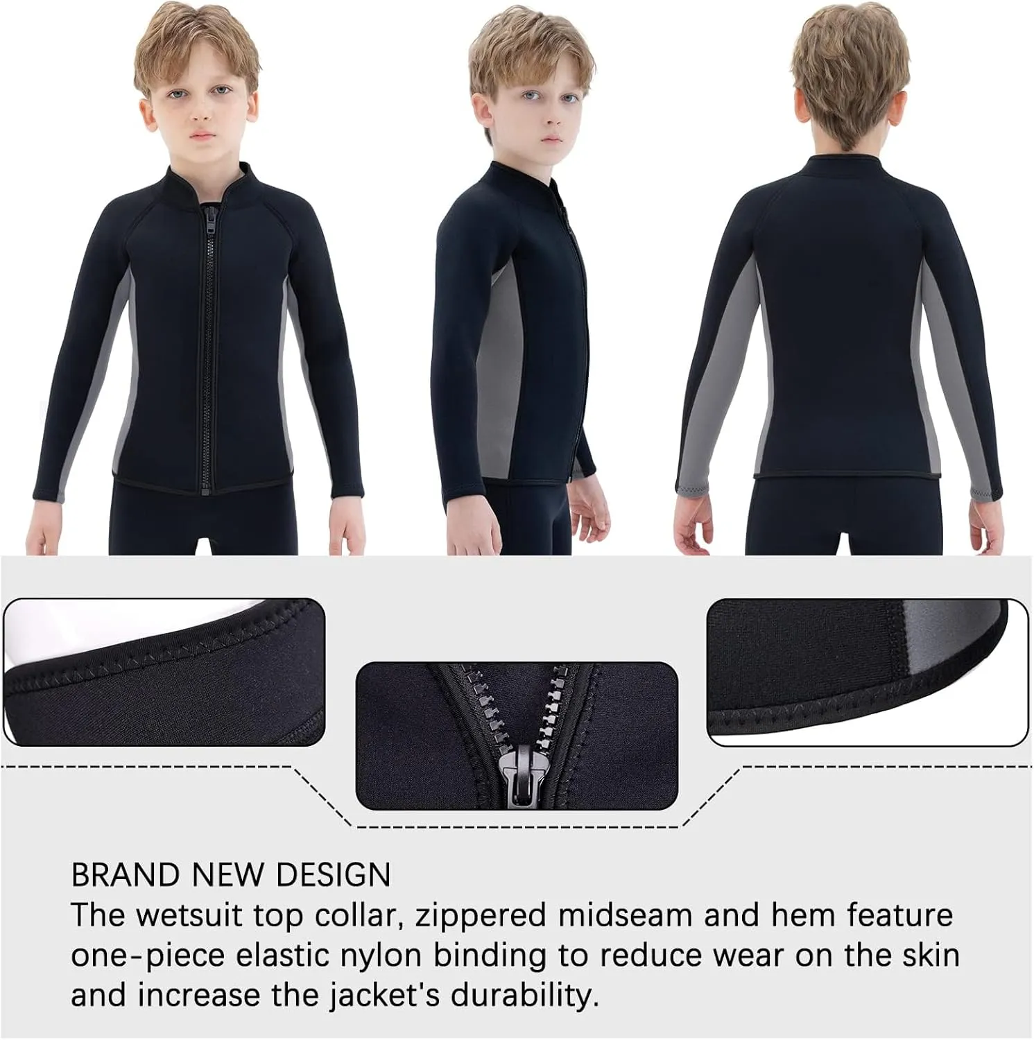 Kids Wetsuit Top Jacket for Boys Girls Toddler Youth, Children's Wet Suit Shirt Neoprene 3mm Long Sleeve Front Zipper Swimsuit for Swimming Surfing Dive Snorkeling Water Sports