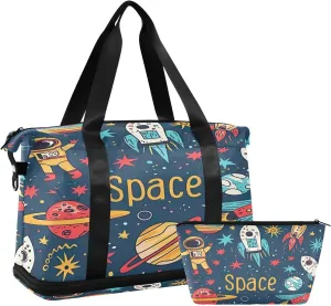 Kigai Cartoon Spacecraft Travel Duffle Bag for Women & Men Waterproof Sports Tote Gym Bag Shoulder Weekender Overnight Bag Carry on Luggage Bag with Shoe Compartment