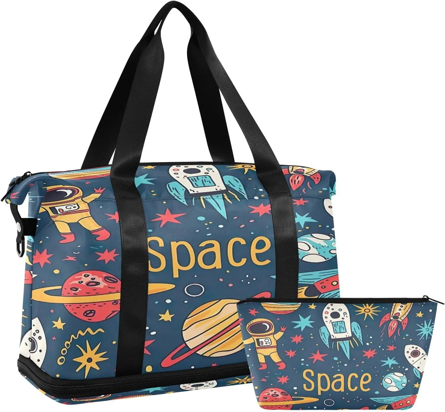 Kigai Cartoon Spacecraft Travel Duffle Bag for Women & Men Waterproof Sports Tote Gym Bag Shoulder Weekender Overnight Bag Carry on Luggage Bag with Shoe Compartment