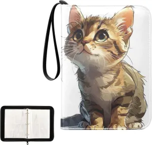 Kigai Cat Painting Trading Card Binder, 4 Pockets Card Album with 400 Cards, Waterproof PU Zip Portable Card Holder for Sports Cards, Game Cards