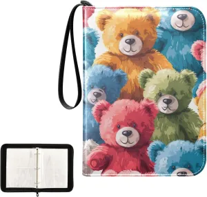 Kigai Colorful Bears Trading Card Binder, 4 Pockets Card Album with 400 Cards, Waterproof PU Zip Portable Card Holder for Sports Cards, Game Cards