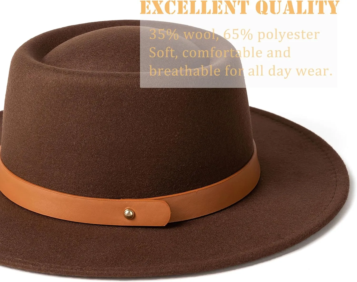 Lady Retro Wide Brim Fedora Floppy Pork Pie Hat with Belt Buckle
