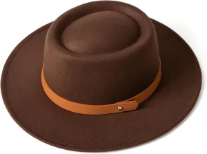 Lady Retro Wide Brim Fedora Floppy Pork Pie Hat with Belt Buckle