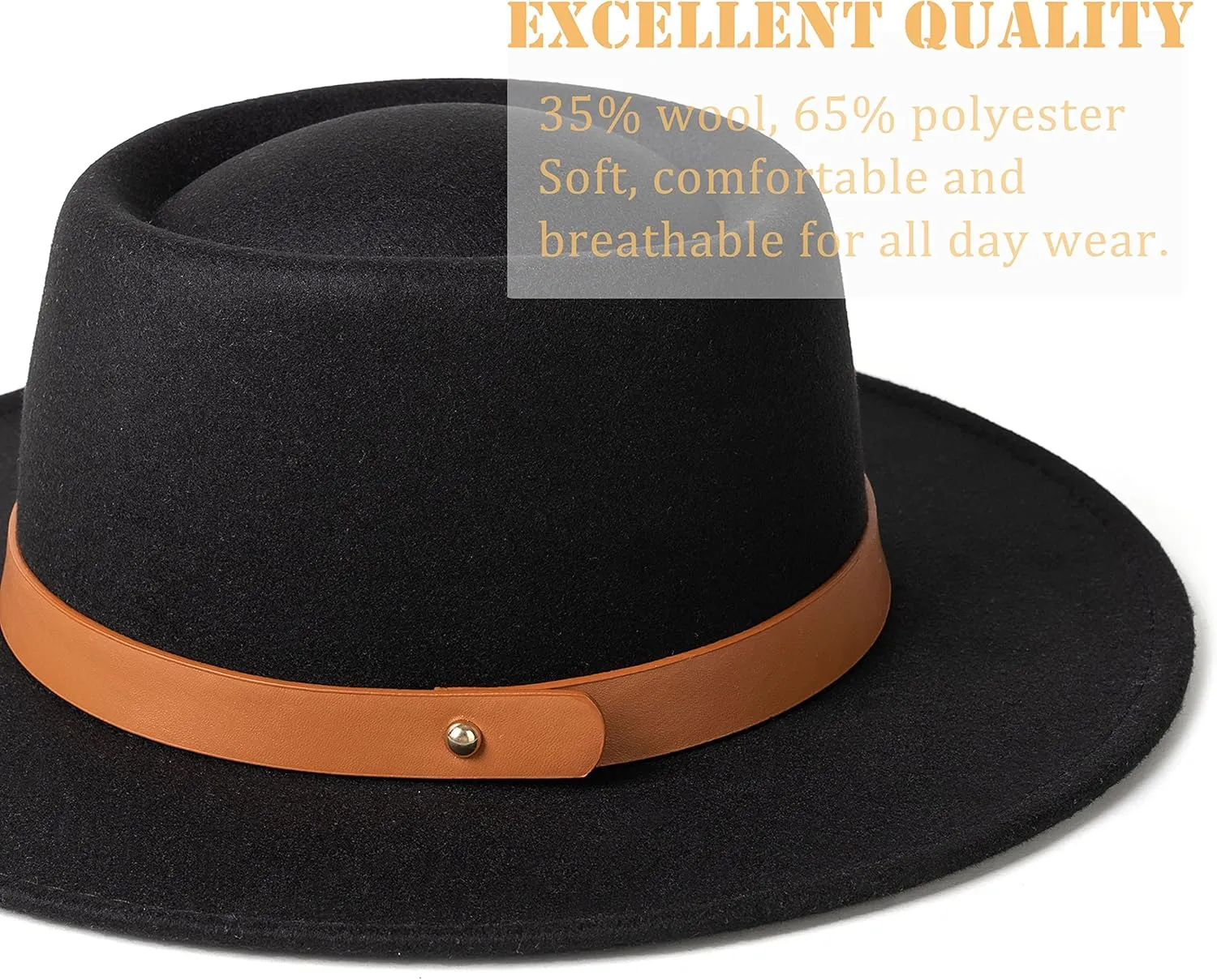 Lady Retro Wide Brim Fedora Floppy Pork Pie Hat with Belt Buckle