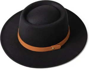 Lady Retro Wide Brim Fedora Floppy Pork Pie Hat with Belt Buckle