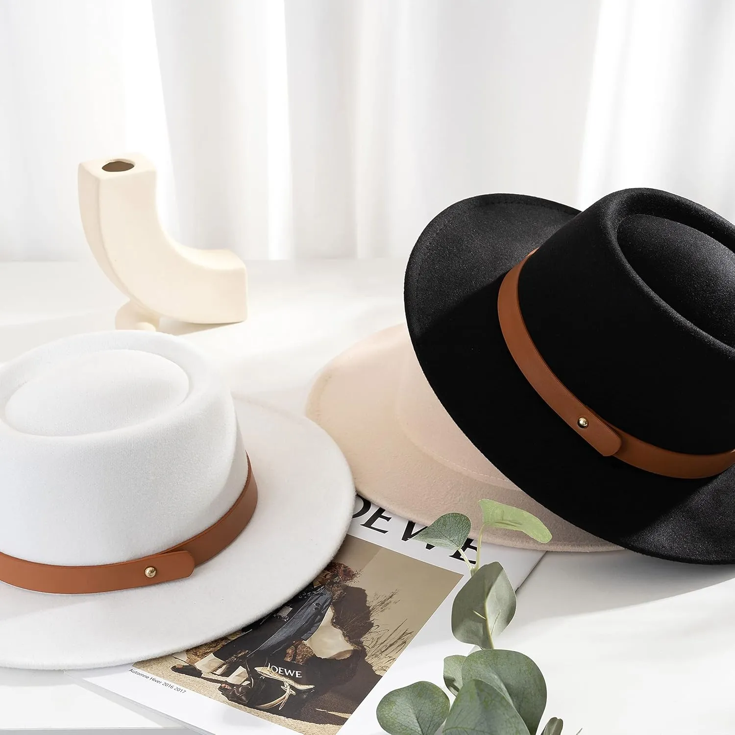Lady Retro Wide Brim Fedora Floppy Pork Pie Hat with Belt Buckle