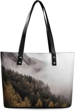 Landscape of Trees And Mountain Surrounded by Fog Leather Lady's Handbag Crossbody Purse for Women Ladies Soft Shoulder Bag Medium Roomy Handbag Fashion Tote Top Handle Satchel
