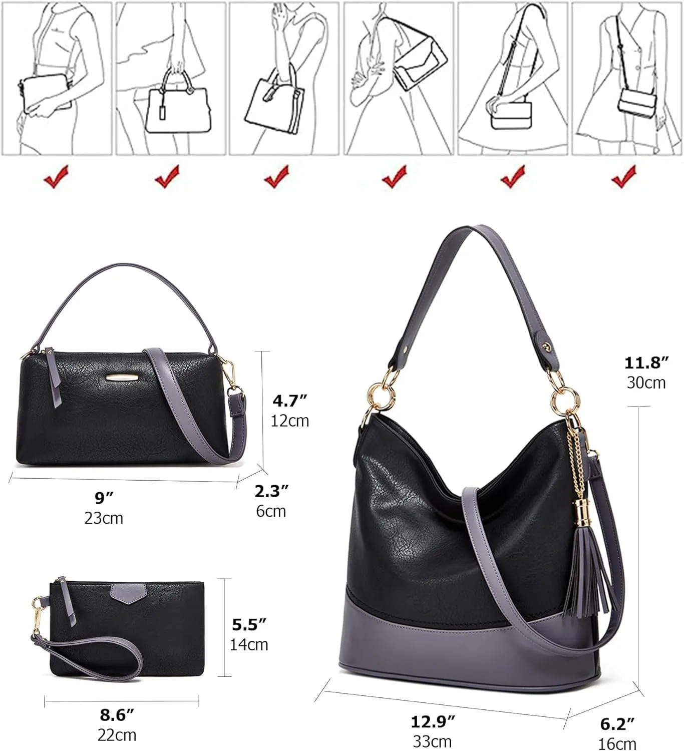 Large 3PC Set Soft Leather Tote Handbag for Women Stylish Hobo Shoulder Bag with Top Handle