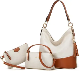 Large 3PC Set Soft Leather Tote Handbag for Women Stylish Hobo Shoulder Bag with Top Handle