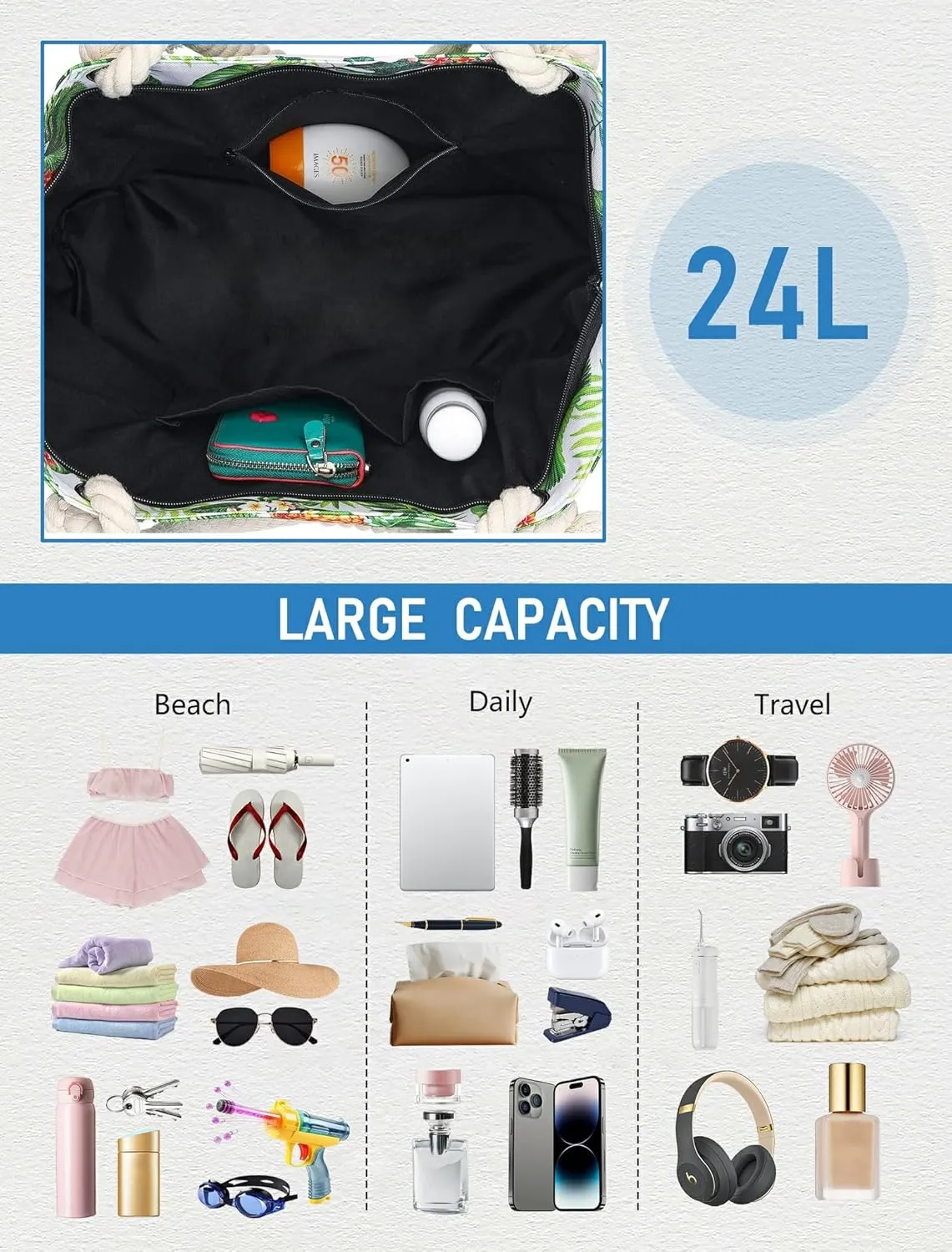 Large Canvas Beach Tote Bag Waterproof Sand proof for Women Her Swim,Travel,Shopping,Gym,Cruise Essentials Gear