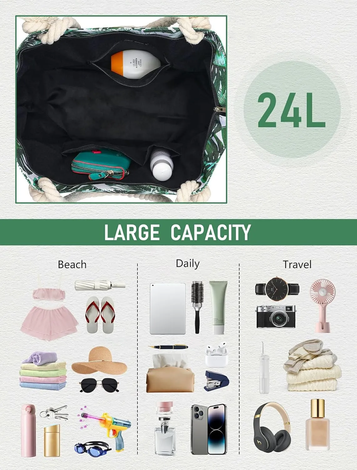 Large Canvas Beach Tote Bag Waterproof Sand proof for Women Her Swim,Travel,Shopping,Gym,Cruise Essentials Gear