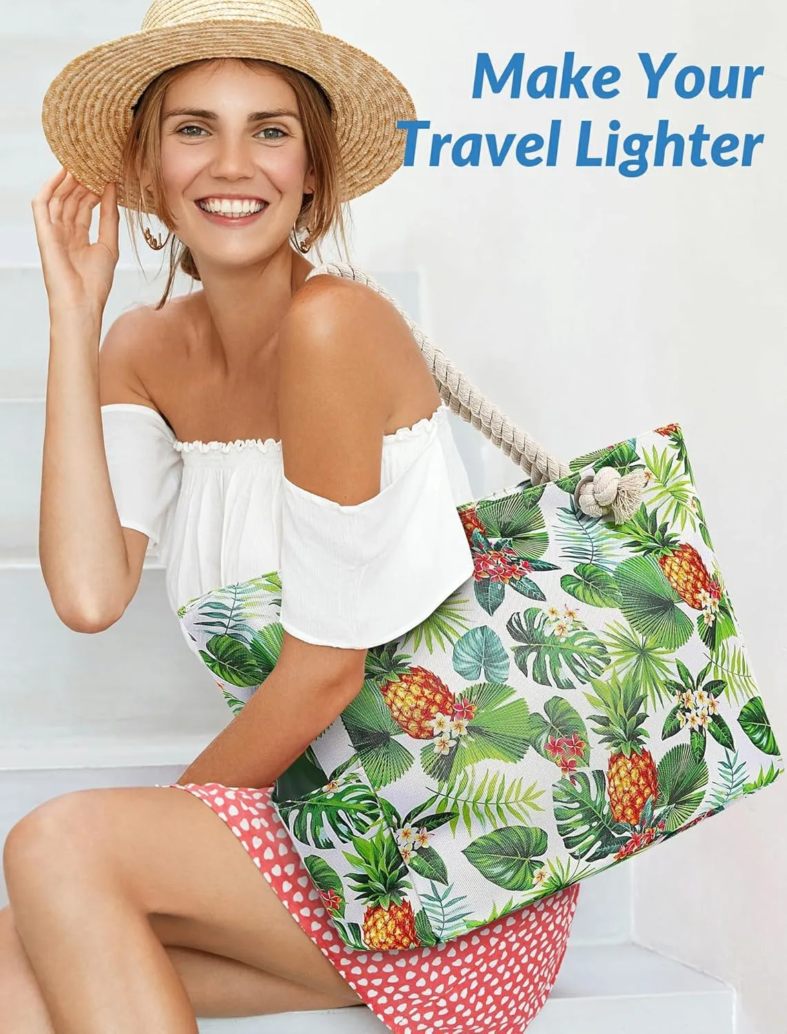 Large Canvas Beach Tote Bag Waterproof Sand proof for Women Her Swim,Travel,Shopping,Gym,Cruise Essentials Gear