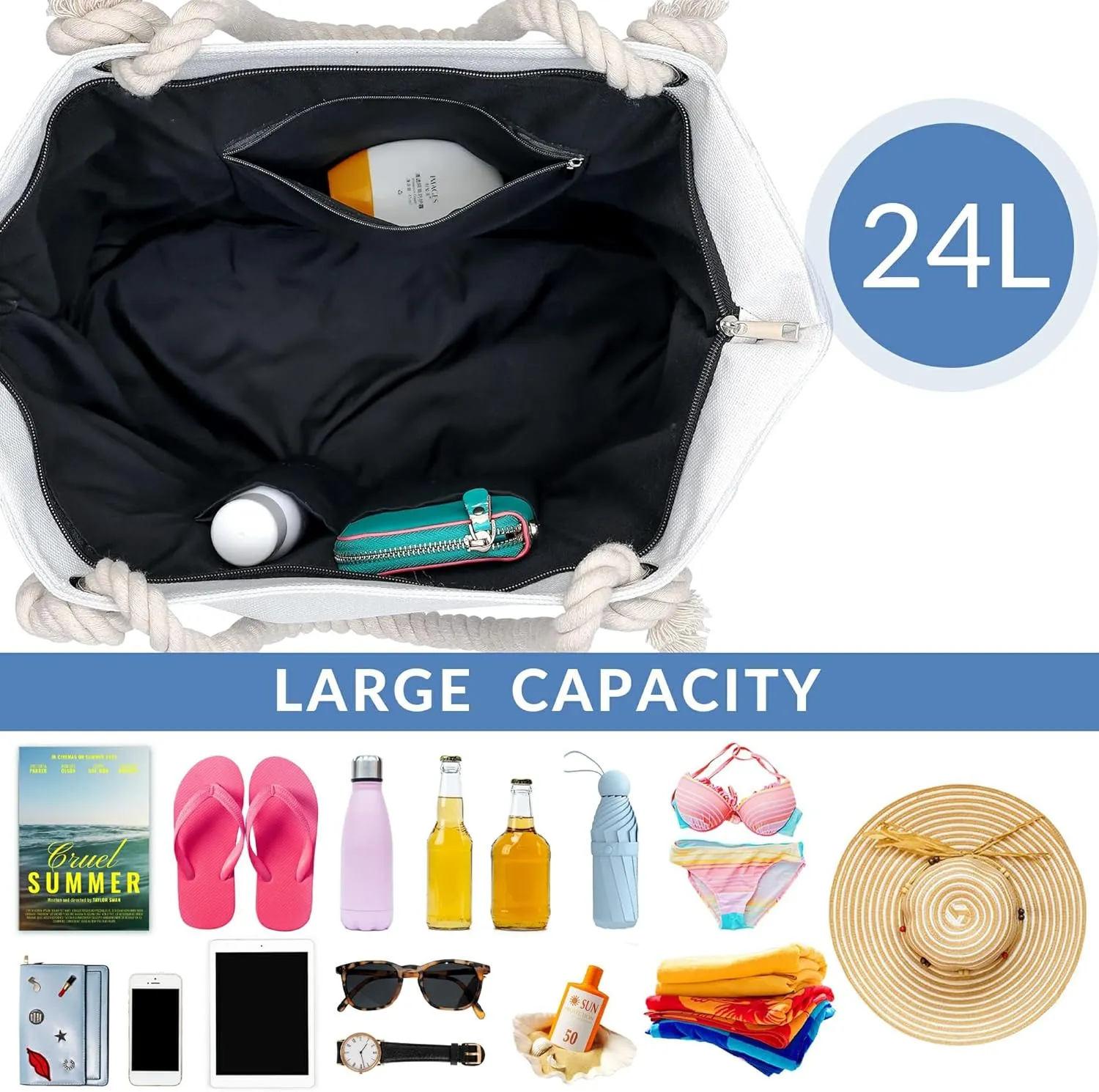 Large Canvas Beach Tote Bag with Zipper Women Swim, Travel, Shopping, Gym and Beach Holiday Cruise Essentials