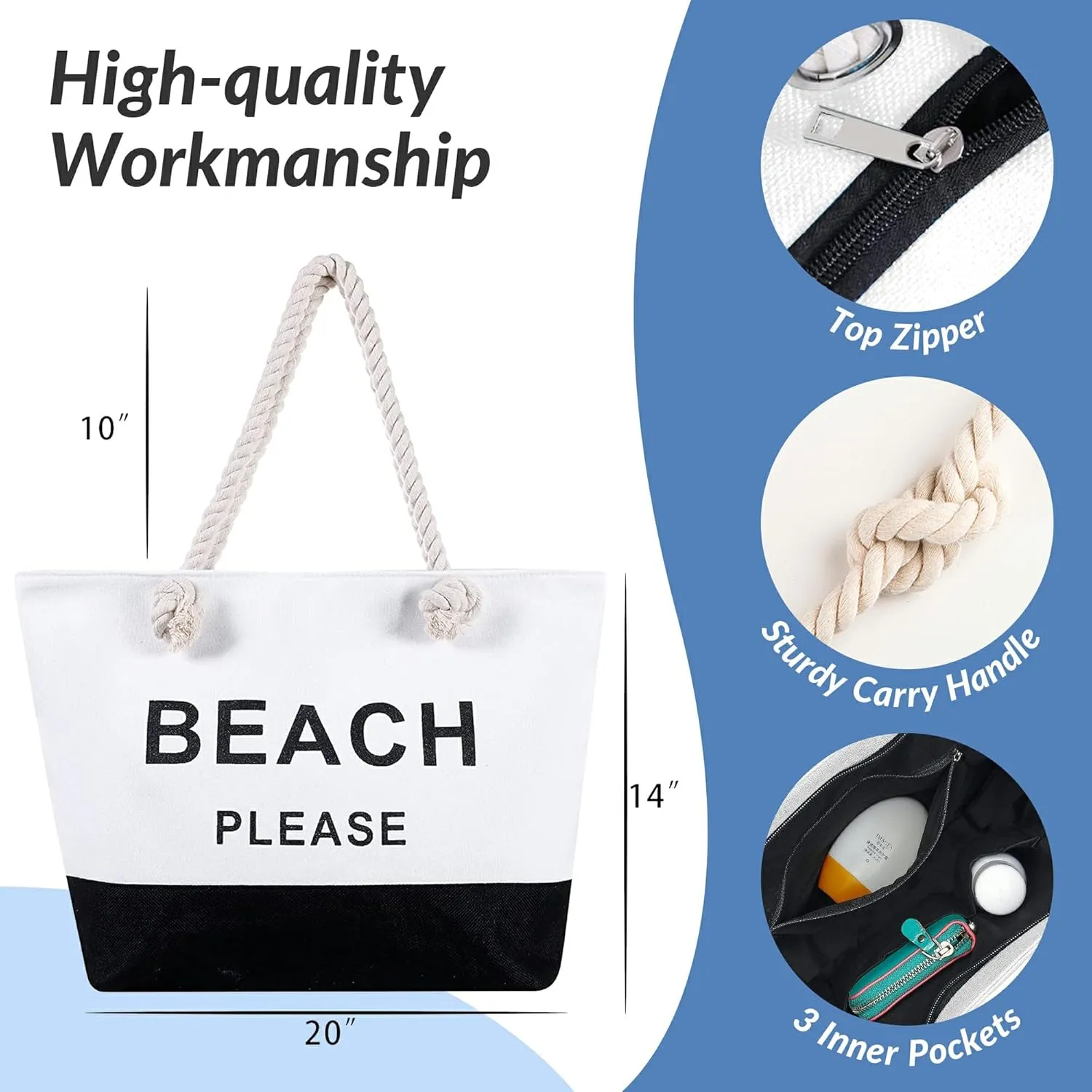 Large Canvas Beach Tote Bag with Zipper Women Swim, Travel, Shopping, Gym and Beach Holiday Cruise Essentials