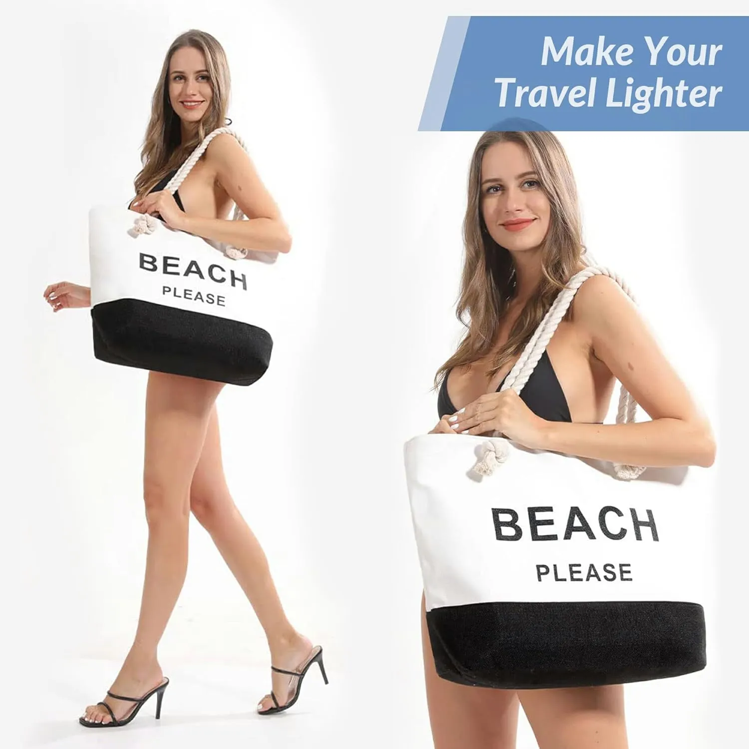 Large Canvas Beach Tote Bag with Zipper Women Swim, Travel, Shopping, Gym and Beach Holiday Cruise Essentials