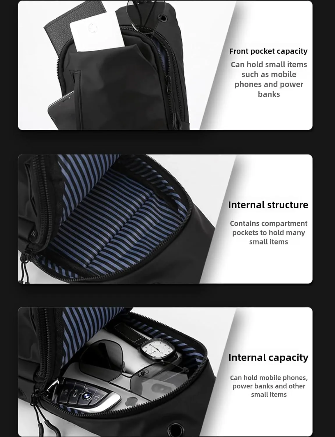 Large-capacity multi-compartment storage bag, portable outdoor shoulder bag, equipped with headphones and a USB charging port.(Black earphones, charging double-layer zipper model.)
