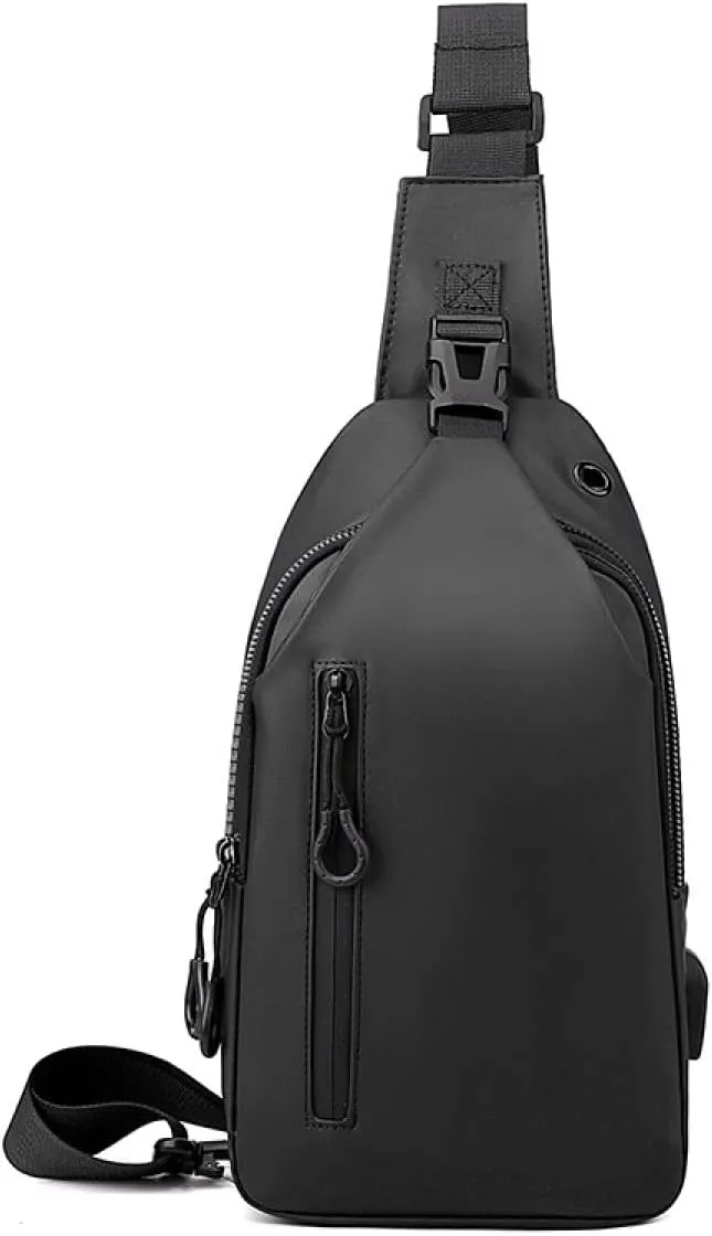 Large-capacity multi-compartment storage bag, portable outdoor shoulder bag, equipped with headphones and a USB charging port.(Black earphones, charging double-layer zipper model.)