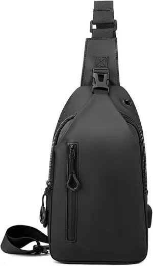 Large-capacity multi-compartment storage bag, portable outdoor shoulder bag, equipped with headphones and a USB charging port.(Black earphones, charging double-layer zipper model.)